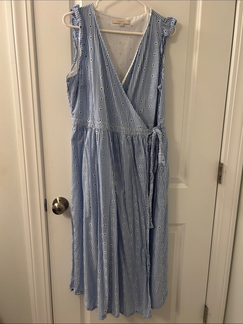 LOFT Light Blue & White with flowers Striped Wrap Midi Dress